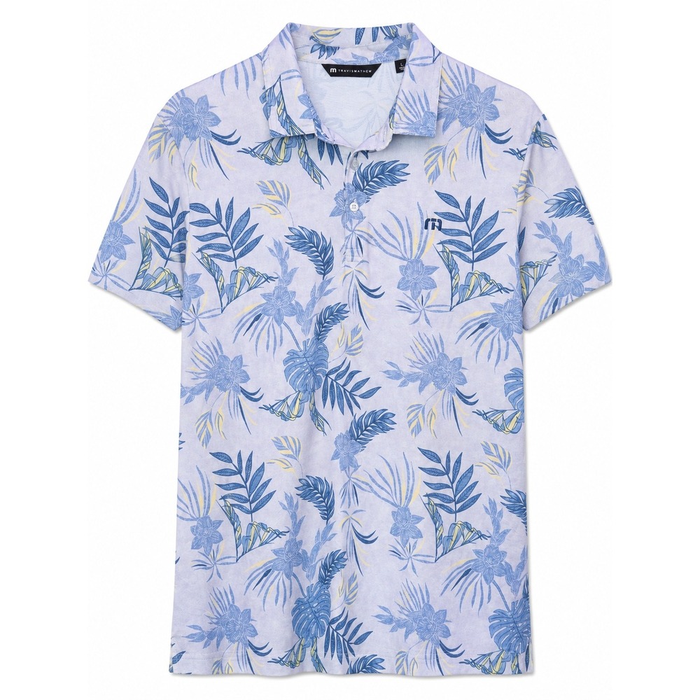 TravisMathew Men's Large Blue Floral Palm Tropical Golf Polo Shirt Short Sleeve